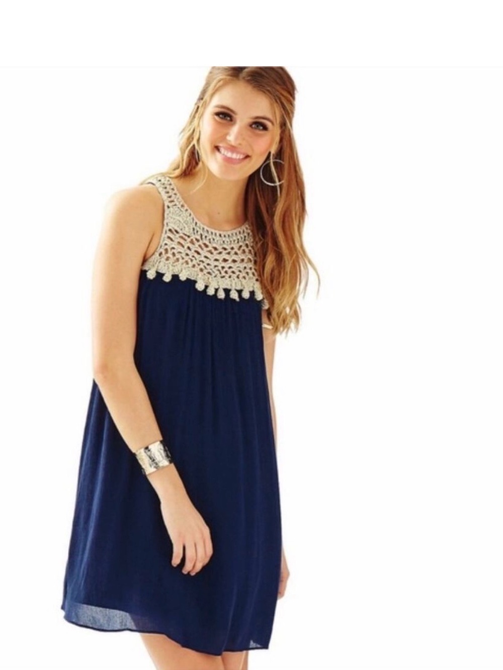 Lilly Pulitzer Navy Dress with Gold Crochet Yoke